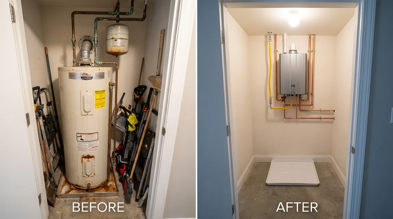 Tank water heater versus wall-mounted tankless unit comparison for Somerville, MA homeowners